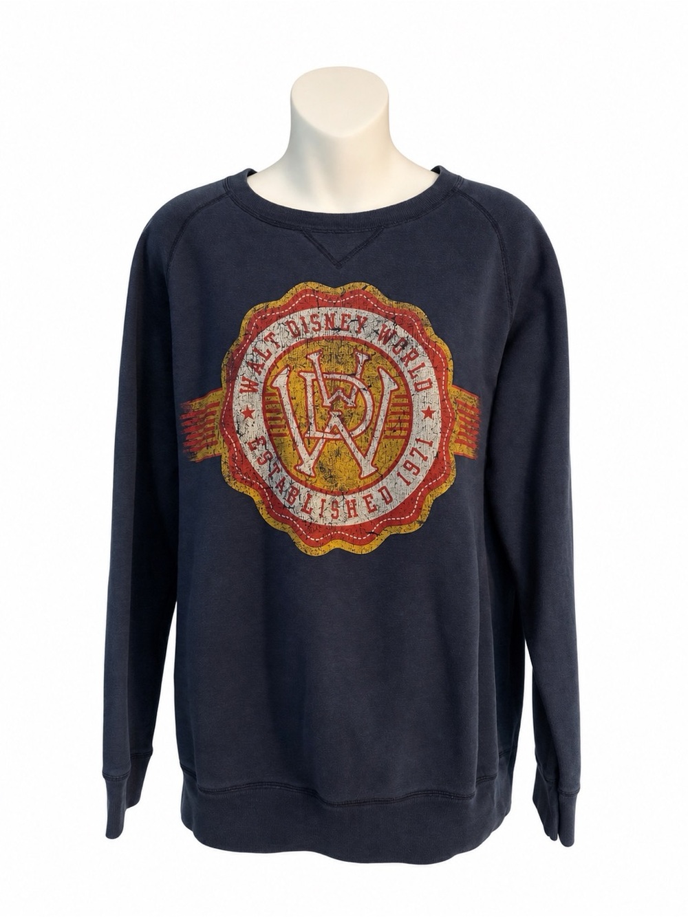 Vintage Walt Disney World Sweatshirt Large — Navy Distressed Logo, 1971 Seal